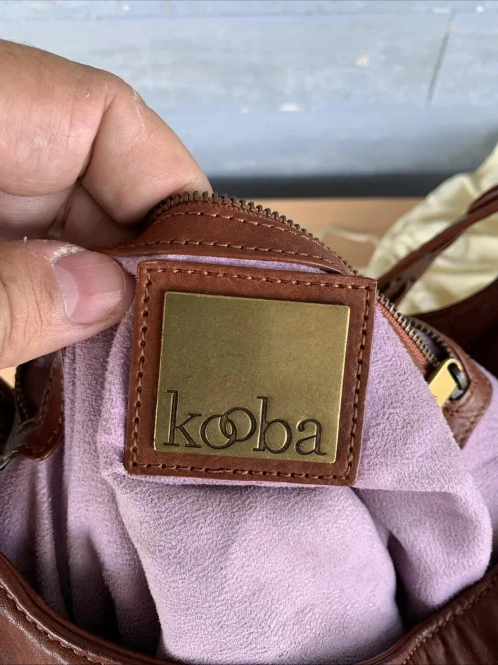 Kooba Marcelle Brown Leather Hobo Bag, Lavender Suede Lining, Magnetic Closure